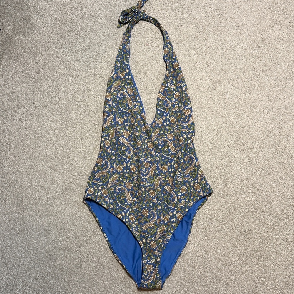 NWOT Veronica Beard Salis Paisley Plunging Halter One-Piece Swimsuit - Picture 3 of 6
